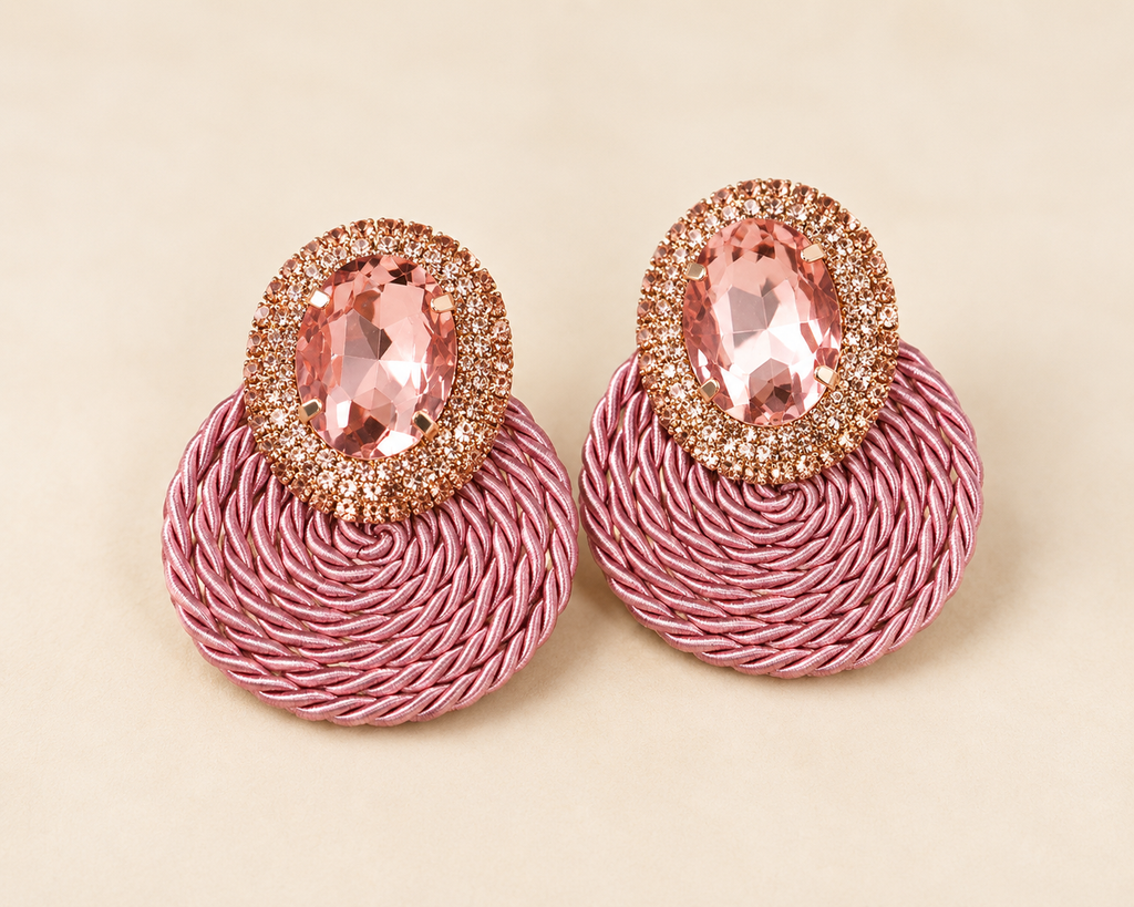 Pink Crystal Woven Statement Earrings