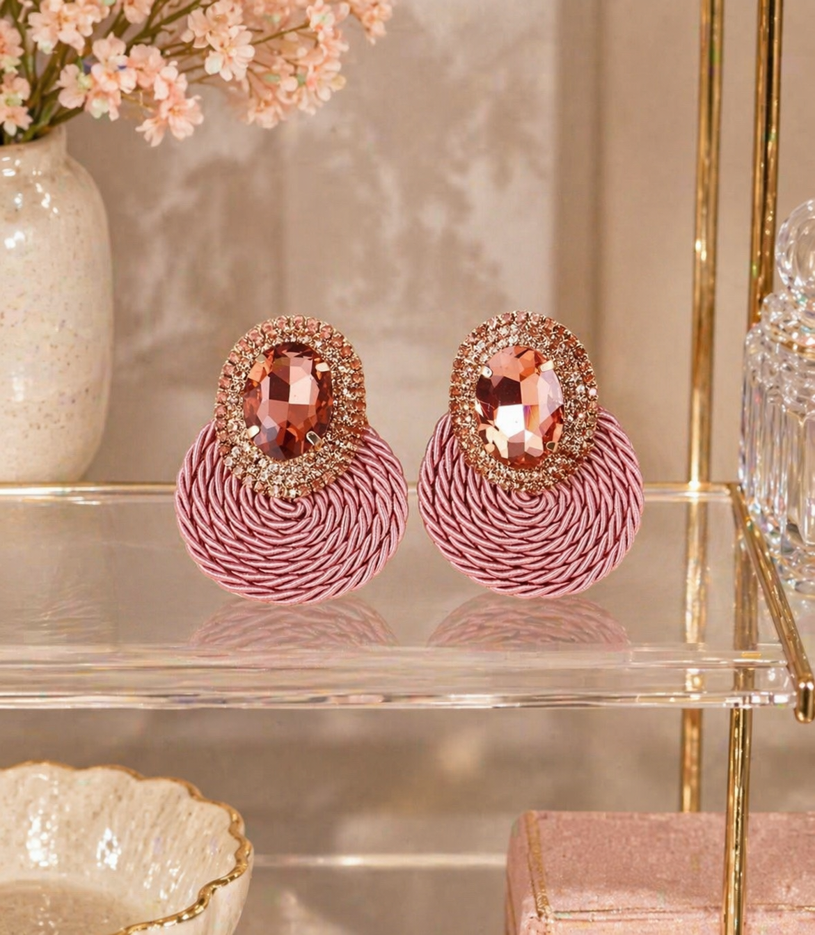 Pink Crystal Woven Statement Earrings